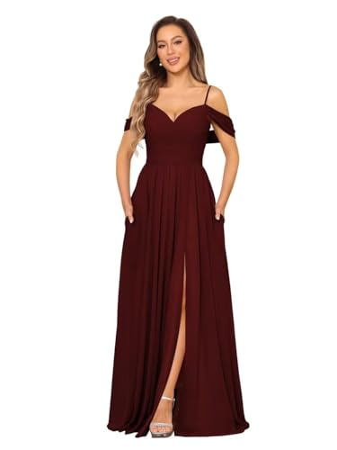 Damen Off Shoulder Chiffon Brautjungfernkleider Lange V-Ausschnitt Ballkleider A Linie Abendkleid mit Schlitz von Eossvifer