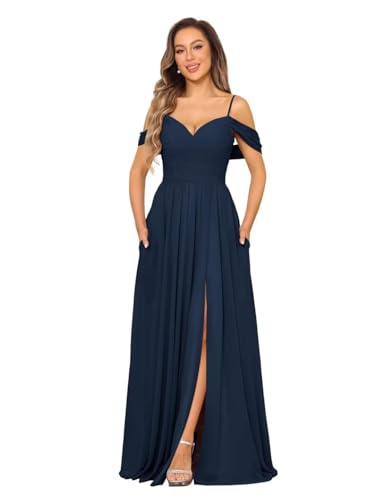 Damen Off Shoulder Chiffon Brautjungfernkleider Lange V-Ausschnitt Ballkleider A Linie Abendkleid mit Schlitz von Eossvifer