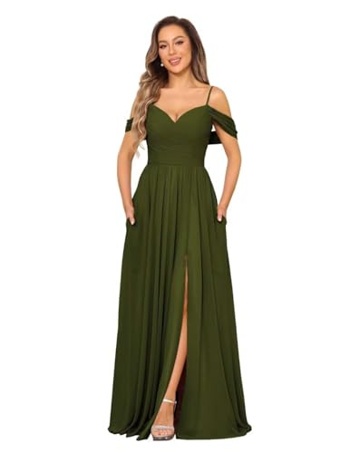 Damen Off Shoulder Chiffon Brautjungfernkleider Lange V-Ausschnitt Ballkleider A Linie Abendkleid mit Schlitz Damen Off Shoulder Chiffon Brautjungfernkleider Lange V-Ausschnitt Ballkleider A Linie Abendkleid mit Schlitz von Eossvifer