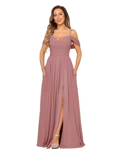 Damen Off Shoulder Chiffon Brautjungfernkleider Lange V-Ausschnitt Ballkleider A Linie Abendkleid mit Schlitz von Eossvifer