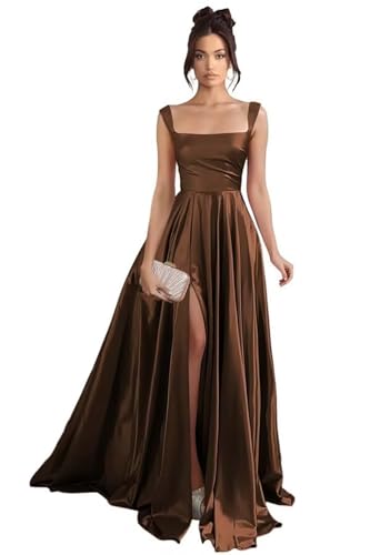Damen Spaghettiträger Satin Brautjungfernkleider Lange A-Linie Ballkleide Elegant Abendkleid mit Schlitz von Eossvifer