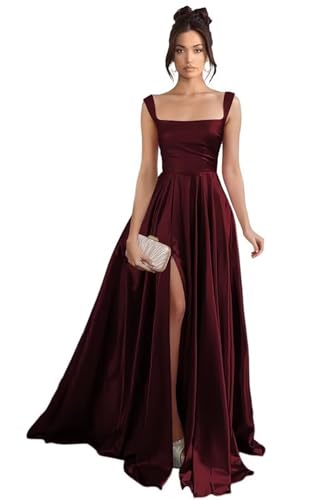 Damen Spaghettiträger Satin Brautjungfernkleider Lange A-Linie Ballkleide Elegant Abendkleid mit Schlitz von Eossvifer