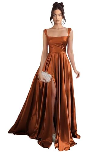 Damen Spaghettiträger Satin Brautjungfernkleider Lange A-Linie Ballkleide Elegant Abendkleid mit Schlitz von Eossvifer