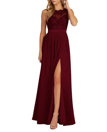 Damen Spitzen Chiffon Ballkleid Lang Neckholder Brautjungfernkleider A-Linie Formelle Abendkleid mit Schlitz von Eossvifer