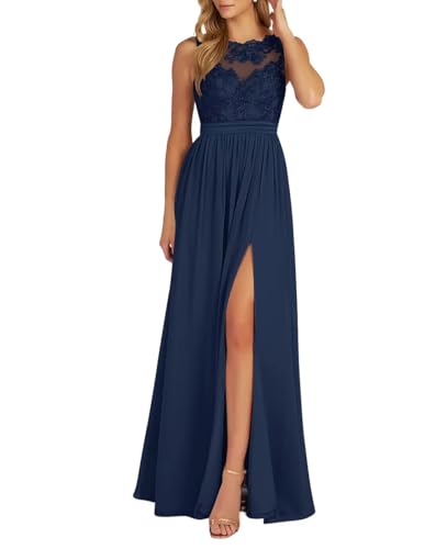 Damen Spitzen Chiffon Ballkleid Lang Neckholder Brautjungfernkleider A-Linie Formelle Abendkleid mit Schlitz von Eossvifer