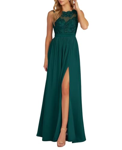 Damen Spitzen Chiffon Ballkleid Lang Neckholder Brautjungfernkleider A-Linie Formelle Abendkleid mit Schlitz von Eossvifer