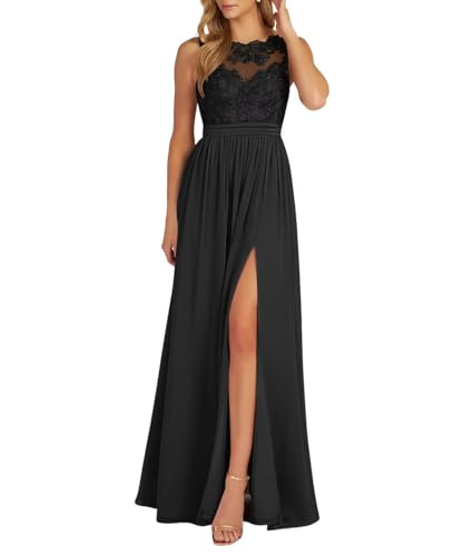 Damen Spitzen Chiffon Ballkleid Lang Neckholder Brautjungfernkleider A-Linie Formelle Abendkleid mit Schlitz von Eossvifer