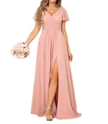 Damen V-Ausschnitt Chiffon Brautjungfernkleider A-Linie Kurze Ärmel Ballkleider Lang Formelle Abendkleide von Eossvifer
