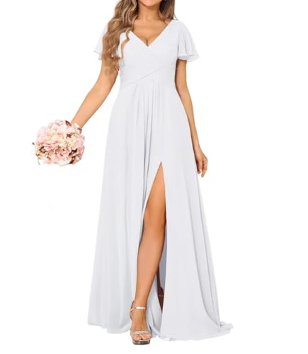Damen V-Ausschnitt Chiffon Brautjungfernkleider A-Linie Kurze Ärmel Ballkleider Lang Formelle Abendkleide von Eossvifer