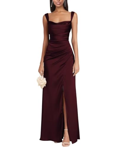 Eossvifer Damen Satin Brautjungfernkleider Lange Spaghettiträgern Ballkleider Meerjungfrau Abendkleid mit Schlitz von Eossvifer