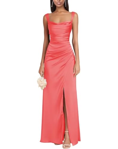 Eossvifer Damen Satin Brautjungfernkleider Lange Spaghettiträgern Ballkleider Meerjungfrau Abendkleid mit Schlitz von Eossvifer