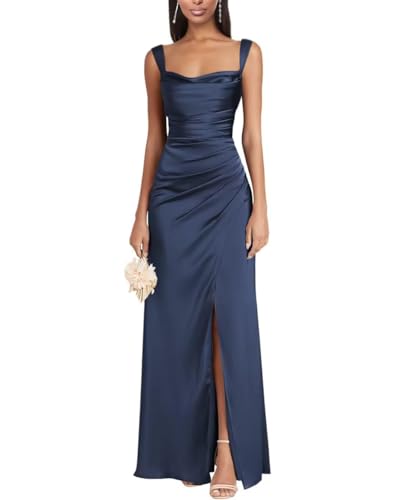 Eossvifer Damen Satin Brautjungfernkleider Lange Spaghettiträgern Ballkleider Meerjungfrau Abendkleid mit Schlitz von Eossvifer