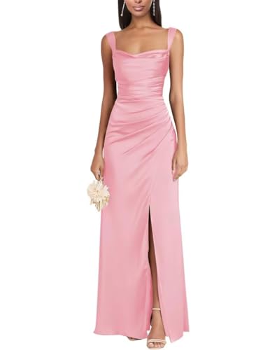 Eossvifer Damen Satin Brautjungfernkleider Lange Spaghettiträgern Ballkleider Meerjungfrau Abendkleid mit Schlitz von Eossvifer