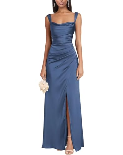 Eossvifer Damen Satin Brautjungfernkleider Lange Spaghettiträgern Ballkleider Meerjungfrau Abendkleid mit Schlitz von Eossvifer