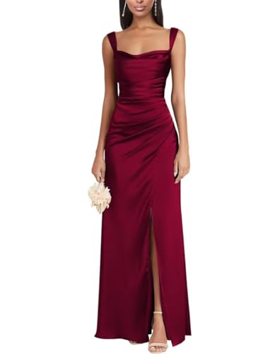 Eossvifer Damen Satin Brautjungfernkleider Lange Spaghettiträgern Ballkleider Meerjungfrau Abendkleid mit Schlitz von Eossvifer