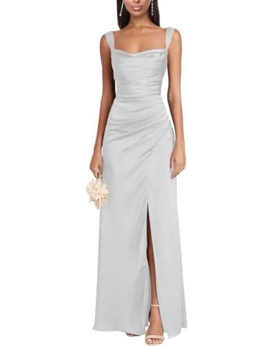 Eossvifer Damen Satin Brautjungfernkleider Lange Spaghettiträgern Ballkleider Meerjungfrau Abendkleid mit Schlitz von Eossvifer