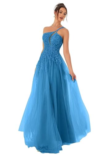 Eossvifer Damen Spaghettiträgern Tüll Ballkleider Lange Spitzenapplikationen Formelle Abendkleider Elegant Hochzeitskleid mit Schlitz von Eossvifer