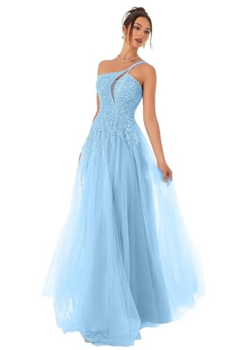 Eossvifer Damen Spaghettiträgern Tüll Ballkleider Lange Spitzenapplikationen Formelle Abendkleider Elegant Hochzeitskleid mit Schlitz von Eossvifer