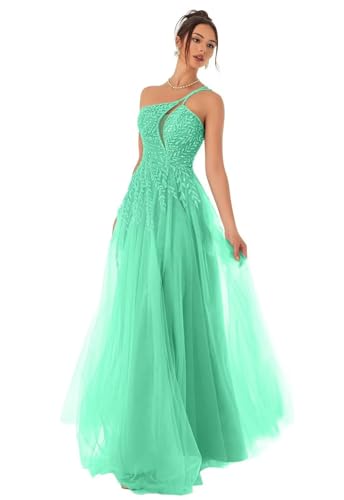 Eossvifer Damen Spaghettiträgern Tüll Ballkleider Lange Spitzenapplikationen Formelle Abendkleider Elegant Hochzeitskleid mit Schlitz von Eossvifer