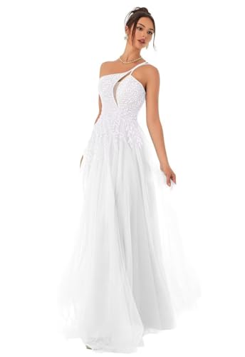 Eossvifer Damen Spaghettiträgern Tüll Ballkleider Lange Spitzenapplikationen Formelle Abendkleider Elegant Hochzeitskleid mit Schlitz von Eossvifer