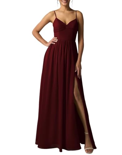 Eossvifer Damen V-Ausschnitt Chiffon Brautjungfernkleider Lang Spaghettiträgern Ballkleider mit Schlitz von Eossvifer