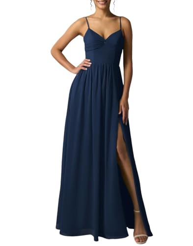 Eossvifer Damen V-Ausschnitt Chiffon Brautjungfernkleider Lang Spaghettiträgern Ballkleider mit Schlitz von Eossvifer