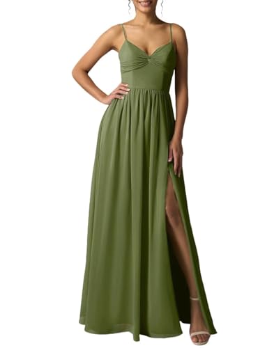 Eossvifer Damen V-Ausschnitt Chiffon Brautjungfernkleider Lang Spaghettiträgern Ballkleider mit Schlitz von Eossvifer