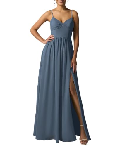 Eossvifer Damen V-Ausschnitt Chiffon Brautjungfernkleider Lang Spaghettiträgern Ballkleider mit Schlitz von Eossvifer