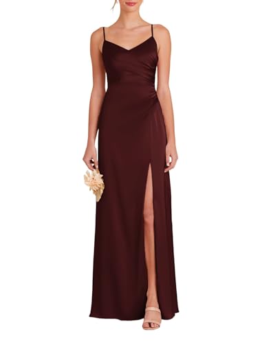 Eossvifer Damen V-Ausschnitt Satin Brautjungfernkleider Lang Wickelkleid Spaghettiträger Ärmellos Abendkleider mit Schlitz von Eossvifer
