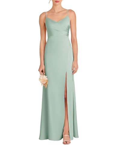 Eossvifer Damen V-Ausschnitt Satin Brautjungfernkleider Lang Wickelkleid Spaghettiträger Ärmellos Abendkleider mit Schlitz von Eossvifer