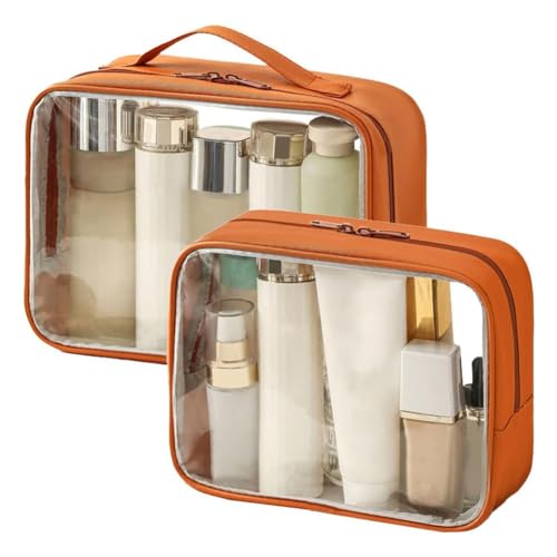 Eouayoree Transparenter Kulturbeutel, Wasserabweisende Make-Up-Tasche Aus PVC mit Reißverschlüssen, Transparenter Kulturbeutel für Damen, Einfach Anzubringen, Transparent und Orange von Eouayoree