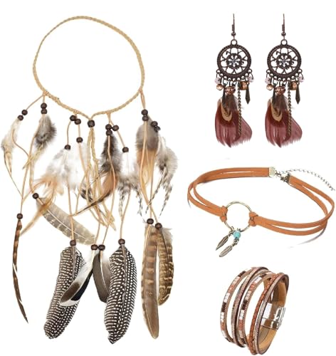 Eowppue Pack of 4 Hippie Feder Kopfschmuck, 70er Kleidung Damen, Vintage Boho Hippie mit Kopfband Halskette, Stammes Kopfschmuck im Native American Stil von Eowppue