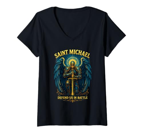 Damen Der Heilige Michael verteidigt Uns im Kampf - Erzengel Gebet T-Shirt mit V-Ausschnitt Damen Der Heilige Michael verteidigt Uns im Kampf - Erzengel Gebet T-Shirt mit V-Ausschnitt von Epic Christian Designs & Co.