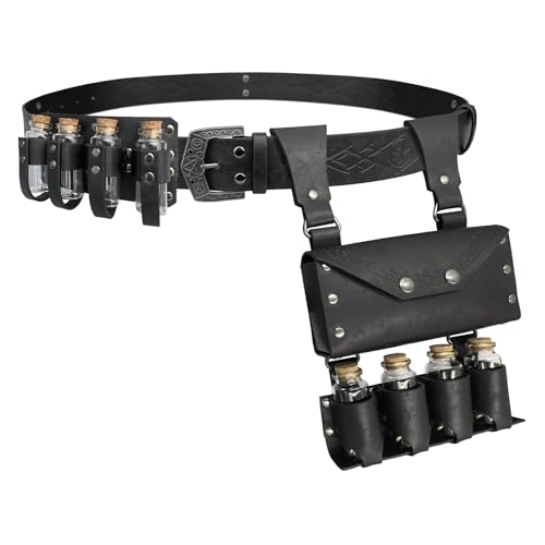 EpicCos 3 PCs Medieval Alchemy Belt Waist Pack Combo mit Mehreren Trank Flaschen, Wikinger Niet Gürtel Seitentasche für Cosplay(Schwarz C) von EpicCos
