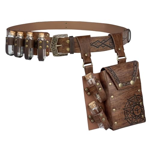 EpicCos 3 PCs Medieval Alchemy Belt Waist Pack Combo mit Mehreren Trank Flaschen, Wikinger Niet Gürtel Seitentasche für Cosplay (Braun D) von EpicCos