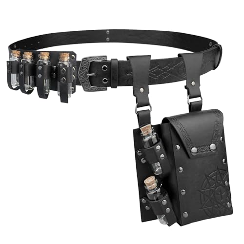 EpicCos 3 PCs Medieval Alchemy Belt Waist Pack Combo mit Mehreren Trank Flaschen, Wikinger Niet Gürtel Seitentasche für Cosplay (Schwarz D) von EpicCos
