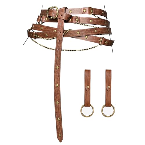 EpicCos 3PCs Mittelalterliche Fantasy Gürtel Rock Wanderungen Set, Renaissance Einstellbare Faux Kette Gürtel mit Rock Clips für Cosplay Faire (Braun A) von EpicCos