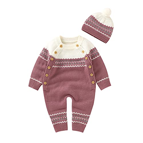 EpicLife Neugeborenes Baby Junge Mädchen Strampler Bodysuit Langarm Säugling Gestrickt Einteiler Overall mit Hut Herbst Winter Kleidung, dunkelrosa, 56 von EpicLife