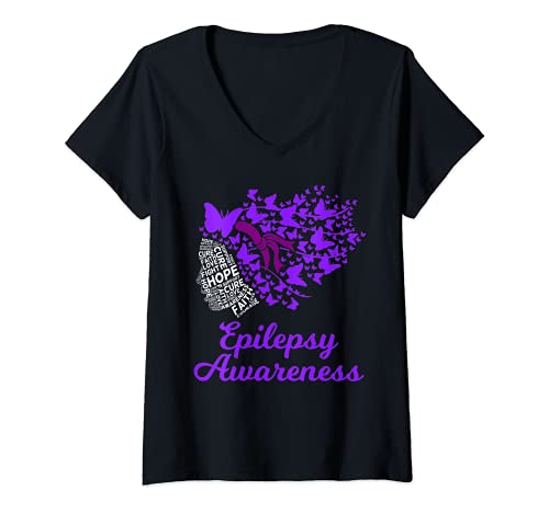 Damen Epilepsy Awareness Day Epilepsie Schmetterling T-Shirt mit V-Ausschnitt Damen Epilepsy Awareness Day Epilepsie Schmetterling T-Shirt mit V-Ausschnitt von Epilepsie-Bewusstseins-Monat-Kleidung