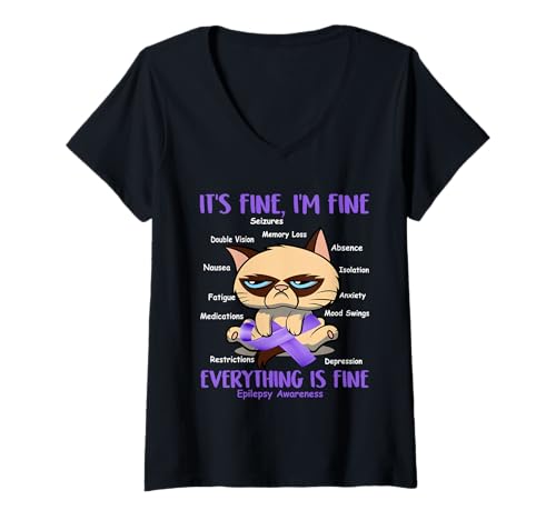 Damen Katze zur Sensibilisierung für Epilepsie: Dein Kampf ist Mein Kampfgeschenk T-Shirt mit V-Ausschnitt von Epilepsy Awareness AT Gift Apparel