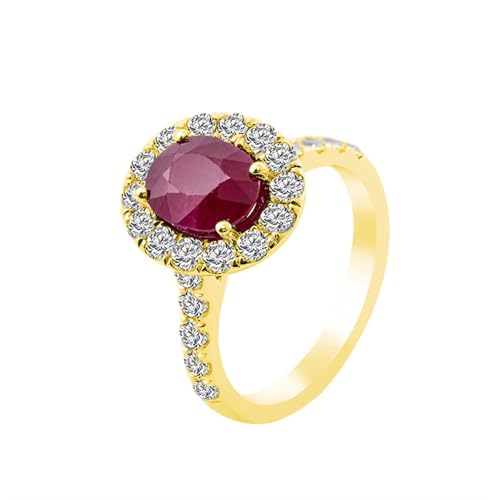 Epinki 14 Karat Au585 Gold Ring, Klassiker Bohrer Stein Hochzeitsband mit Labor Erstellt Rubin 2ct Rot Oval Form, Hochzeitsring Pärchen Ringe 14K Gold Damen Echt Gold, Individuelle Größen von Epinki