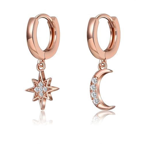 Epinki 18K Rotgold 750 Frauen Ohrringe Echt Schmuck, Baumeln Mond Stern Creolen mit Diamant, Rosegold Au750 Ohrringe Boho, Rose Gold von Epinki