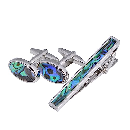 Epinki 3 Pcs Set Manschettenknöpfe Krawattenklammer, Muschel Manschettenknöpfe Herren Hochzeit, Manschettenknöpfe Krawattenklammer Tie Clip Silber für Unternehmen von Epinki