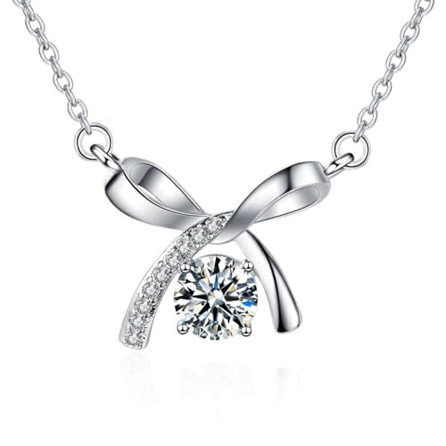Epinki 9 Karat Weiß Gold 375 Damen Kette Hochzeit, Bowknot Halskette Frauen mit Labor Erstellt Diamant, Echtes Labor Erstellt Diamant Damenkette 9K Gold, Silber, 45+5cm von Epinki