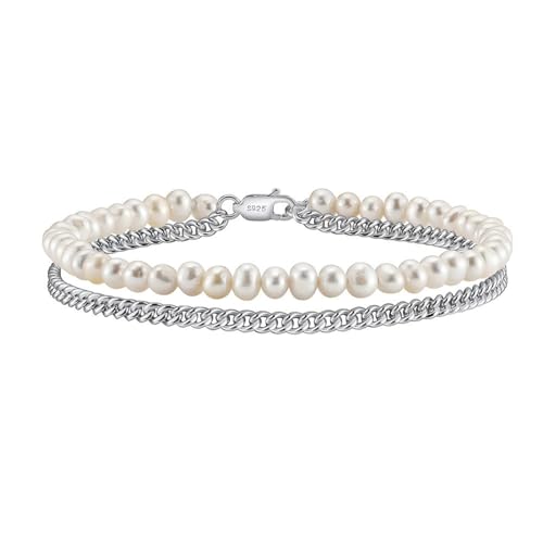 Epinki 925 Armbänder, Doppel Ketten mit Perlen Freundschaftsarmbänder Armreifen 925er Silber, Perlenarmband Gliederarmband, Silber, 20CM von Epinki