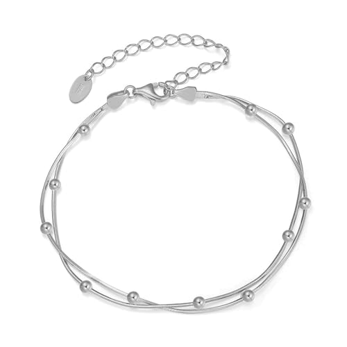 Epinki 925 Armband Damen, Doppel Ketten mit Kugel Armreifen Freundschaftsarmbänder 925er Sterling Silber, Armbänder Frauen Freundschaft, Silber, 21.5CM von Epinki