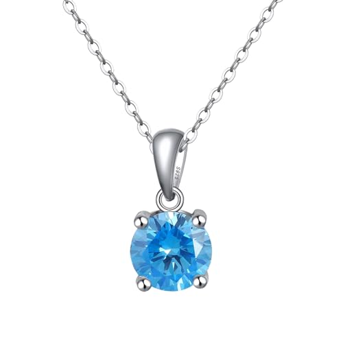 Epinki 925 Silberkette, Meeresblau Rund Zirkonia Geburtssteine Anhänger Halskette 925 Sterling Silber, Zirkonia Meeresblau Damen Kette Anhänger, Silber, 45CM von Epinki