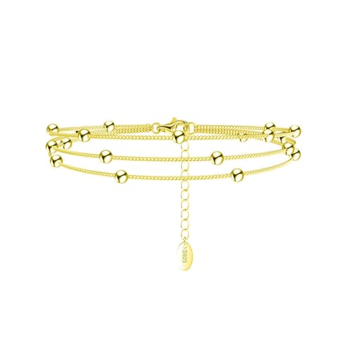 Epinki Armband 925 Sterling Silber, 3-Schicht Ketten mit Kugel Armreifen Armschmuck Sterling 925 Silber, Bettelarmband, Gold, 21CM von Epinki