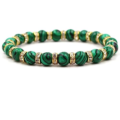 Epinki Armband Zart mit Zirkonia für Damen & Herren, 8mm Malachit Perlenarmband - Geschenk für Männer aus echten Natursteinen, 19CM (Grün Gold) von Epinki