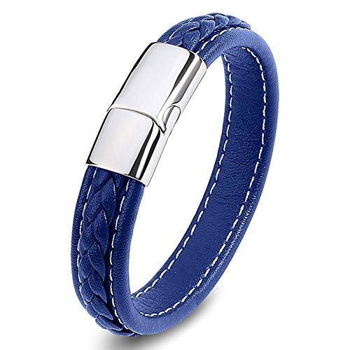 Epinki Armband in Leder Geflochten Herren 18.5CM, Armband Freundschaft Blau Partnerarmband Edelstahl Leder mit Magnetverschluss von Epinki